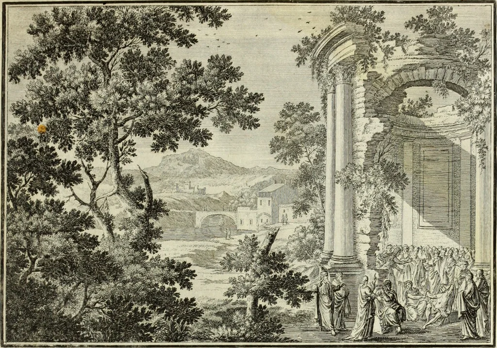 An illustration from Biblisches Engel- u. Kunst Werck : alles das jenige, was in heiliger göttlicher Schrifft Altes und Neuen Testaments von den heiligen Engels Gottes ... zu finden ist ... in zierlichen Kupffern, mit beygefüngten teutschen Erklärungs und Andachs-Reimen vorstellend, 1705, leaf 274