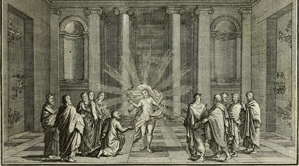 An illustration from Biblisches Engel- u. Kunst Werck : alles das jenige, was in heiliger göttlicher Schrifft Altes und Neuen Testaments von den heiligen Engels Gottes ... zu finden ist ... in zierlichen Kupffern, mit beygefüngten teutschen Erklärungs und Andachs-Reimen vorstellend, 1705, leaf 276