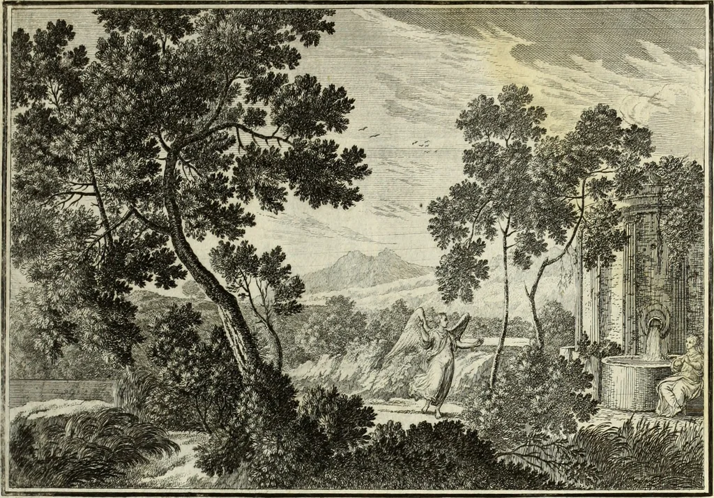 An illustration from Biblisches Engel- u. Kunst Werck : alles das jenige, was in heiliger göttlicher Schrifft Altes und Neuen Testaments von den heiligen Engels Gottes ... zu finden ist ... in zierlichen Kupffern, mit beygefüngten teutschen Erklärungs und Andachs-Reimen vorstellend, 1705, leaf 28