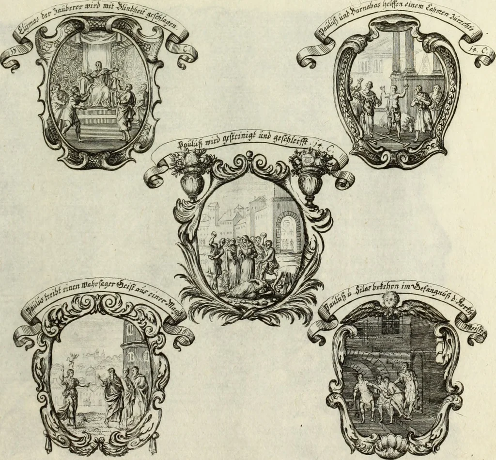 An illustration from Biblisches Engel- u. Kunst Werck : alles das jenige, was in heiliger göttlicher Schrifft Altes und Neuen Testaments von den heiligen Engels Gottes ... zu finden ist ... in zierlichen Kupffern, mit beygefüngten teutschen Erklärungs und Andachs-Reimen vorstellend, 1705, leaf 280