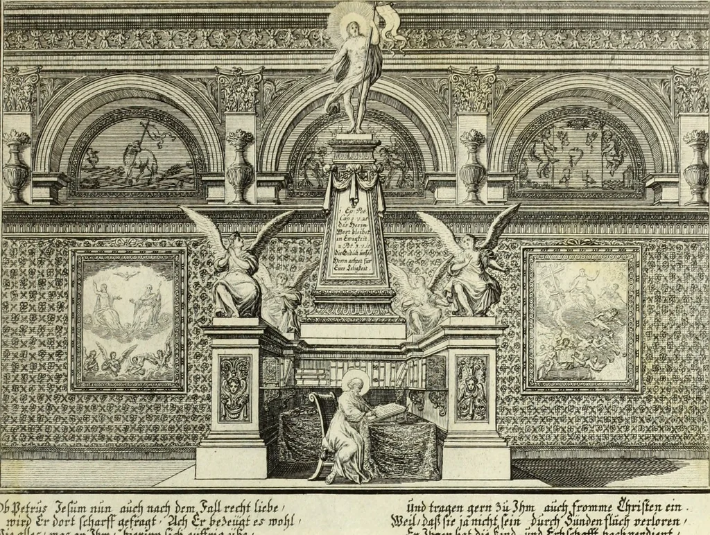 An illustration from Biblisches Engel- u. Kunst Werck : alles das jenige, was in heiliger göttlicher Schrifft Altes und Neuen Testaments von den heiligen Engels Gottes ... zu finden ist ... in zierlichen Kupffern, mit beygefüngten teutschen Erklärungs und Andachs-Reimen vorstellend, 1705, leaf 288