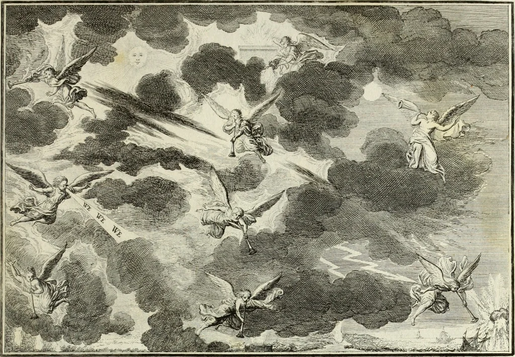 An illustration from Biblisches Engel- u. Kunst Werck : alles das jenige, was in heiliger göttlicher Schrifft Altes und Neuen Testaments von den heiligen Engels Gottes ... zu finden ist ... in zierlichen Kupffern, mit beygefüngten teutschen Erklärungs und Andachs-Reimen vorstellend, 1705, leaf 292