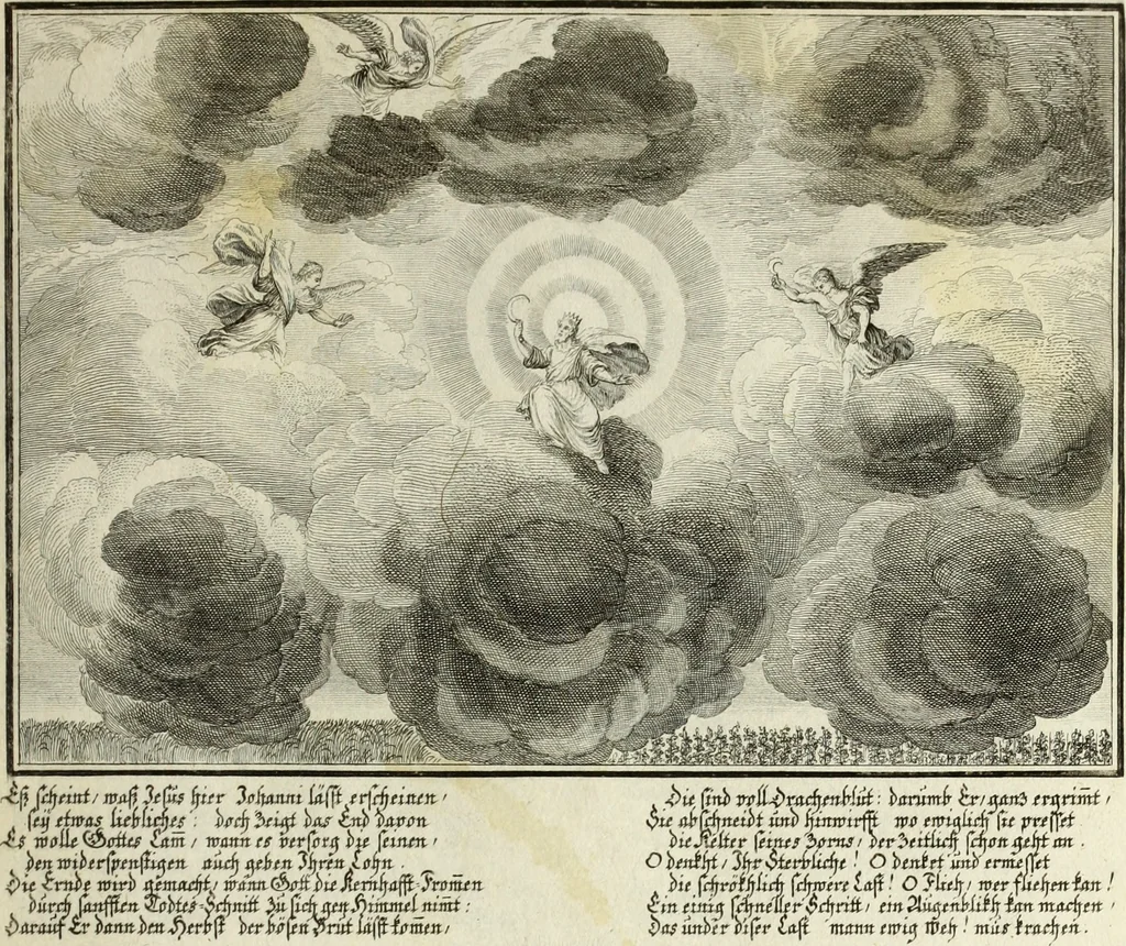 An illustration from Biblisches Engel- u. Kunst Werck : alles das jenige, was in heiliger göttlicher Schrifft Altes und Neuen Testaments von den heiligen Engels Gottes ... zu finden ist ... in zierlichen Kupffern, mit beygefüngten teutschen Erklärungs und Andachs-Reimen vorstellend, 1705, leaf 294