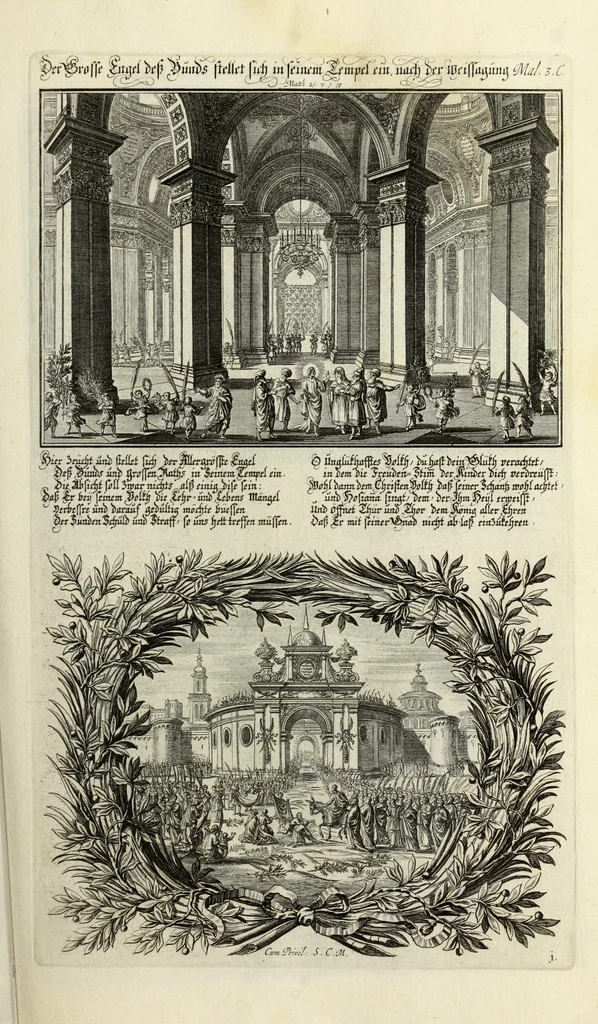 An illustration from Biblisches Engel- u. Kunst Werck : alles das jenige, was in heiliger göttlicher Schrifft Altes und Neuen Testaments von den heiligen Engels Gottes ... zu finden ist ... in zierlichen Kupffern, mit beygefüngten teutschen Erklärungs und Andachs-Reimen vorstellend, 1705, leaf 300