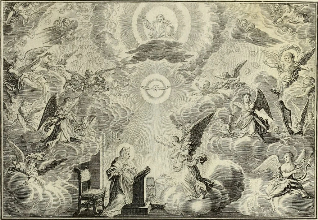 An illustration from Biblisches Engel- u. Kunst Werck : alles das jenige, was in heiliger göttlicher Schrifft Altes und Neuen Testaments von den heiligen Engels Gottes ... zu finden ist ... in zierlichen Kupffern, mit beygefüngten teutschen Erklärungs und Andachs-Reimen vorstellend, 1705, leaf 302