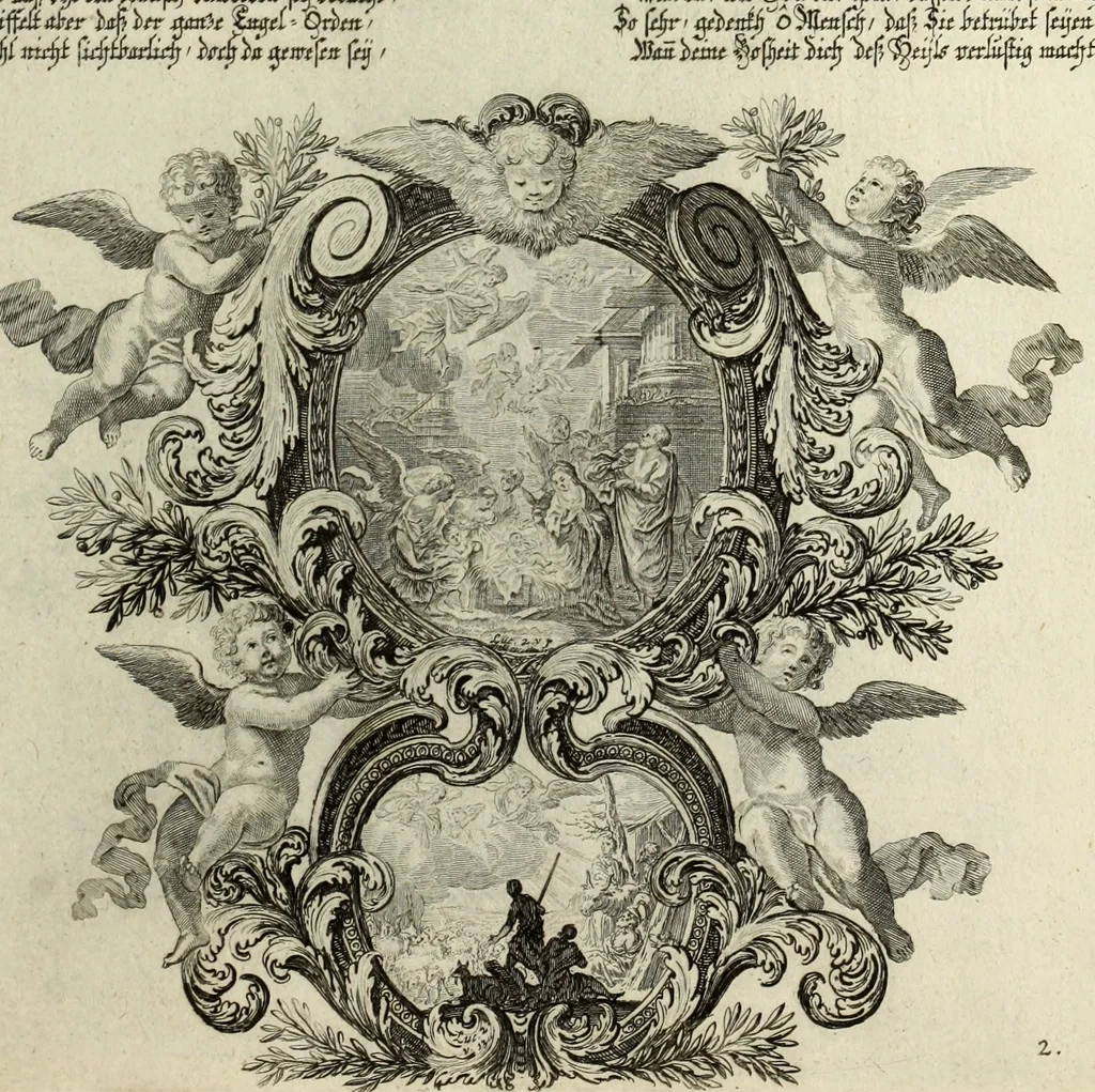 An illustration from Biblisches Engel- u. Kunst Werck : alles das jenige, was in heiliger göttlicher Schrifft Altes und Neuen Testaments von den heiligen Engels Gottes ... zu finden ist ... in zierlichen Kupffern, mit beygefüngten teutschen Erklärungs und Andachs-Reimen vorstellend, 1705, leaf 302
