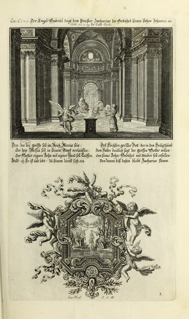 An illustration from Biblisches Engel- u. Kunst Werck : alles das jenige, was in heiliger göttlicher Schrifft Altes und Neuen Testaments von den heiligen Engels Gottes ... zu finden ist ... in zierlichen Kupffern, mit beygefüngten teutschen Erklärungs und Andachs-Reimen vorstellend, 1705, leaf 304