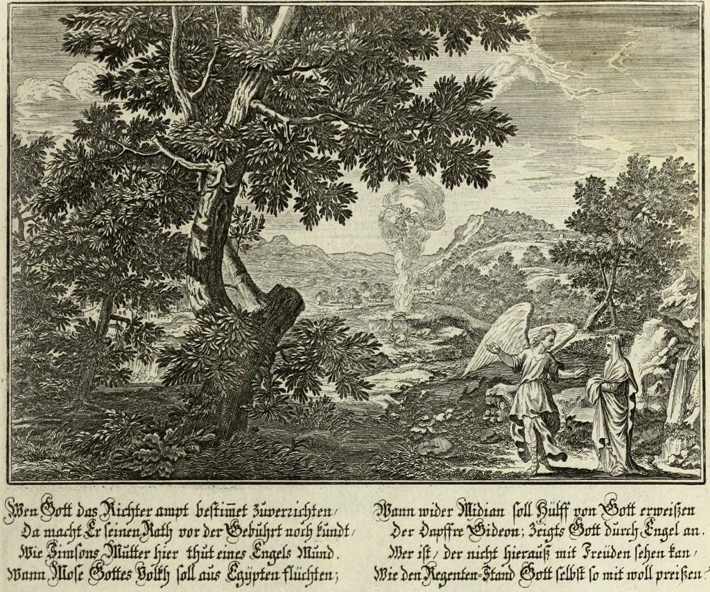 An illustration from Biblisches Engel- u. Kunst Werck : alles das jenige, was in heiliger göttlicher Schrifft Altes und Neuen Testaments von den heiligen Engels Gottes ... zu finden ist ... in zierlichen Kupffern, mit beygefüngten teutschen Erklärungs und Andachs-Reimen vorstellend, 1705, leaf 306