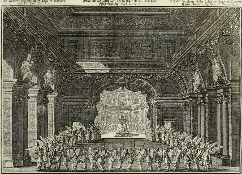 An illustration from Biblisches Engel- u. Kunst Werck : alles das jenige, was in heiliger göttlicher Schrifft Altes und Neuen Testaments von den heiligen Engels Gottes ... zu finden ist ... in zierlichen Kupffern, mit beygefüngten teutschen Erklärungs und Andachs-Reimen vorstellend, 1705, leaf 308