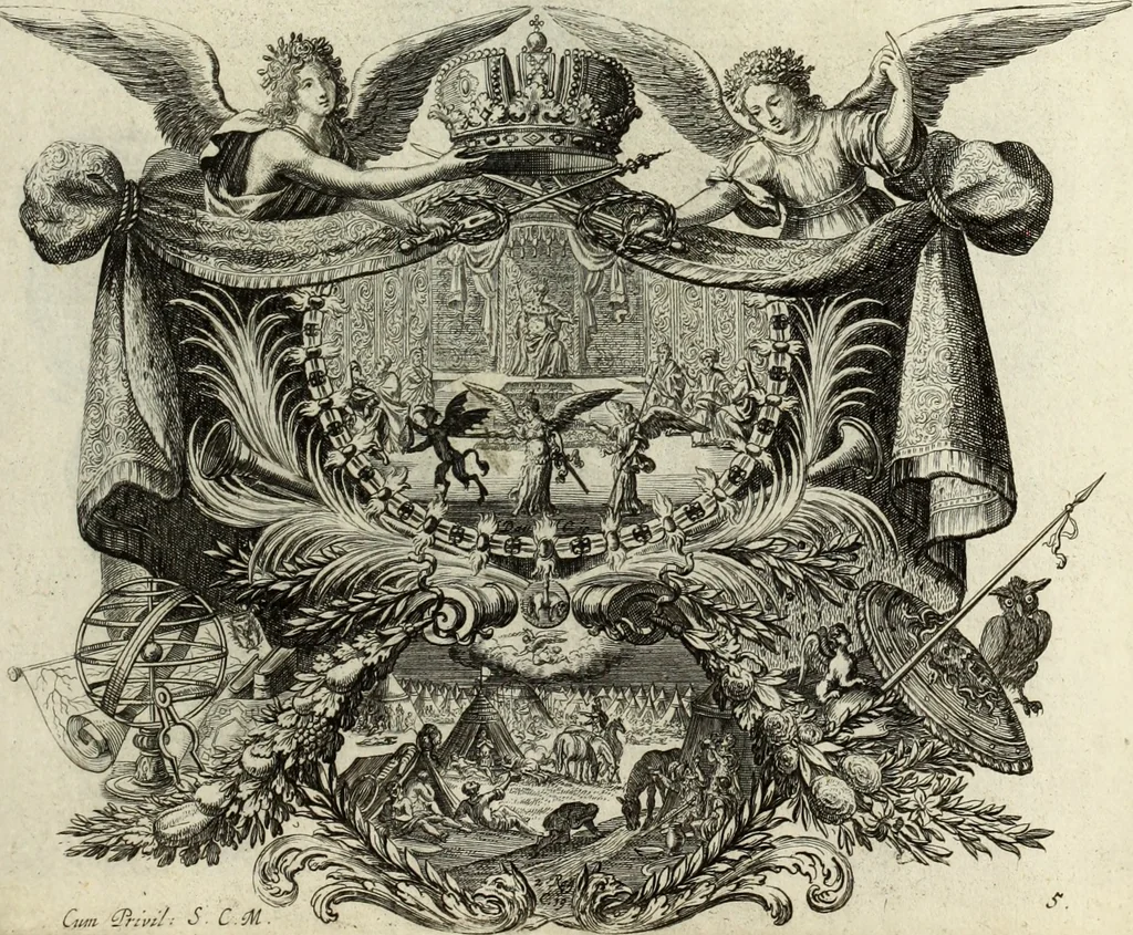An illustration from Biblisches Engel- u. Kunst Werck : alles das jenige, was in heiliger göttlicher Schrifft Altes und Neuen Testaments von den heiligen Engels Gottes ... zu finden ist ... in zierlichen Kupffern, mit beygefüngten teutschen Erklärungs und Andachs-Reimen vorstellend, 1705, leaf 308