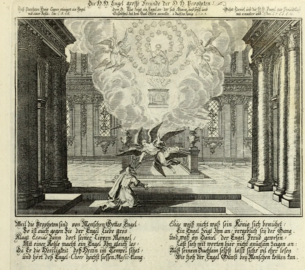 An illustration from Biblisches Engel- u. Kunst Werck : alles das jenige, was in heiliger göttlicher Schrifft Altes und Neuen Testaments von den heiligen Engels Gottes ... zu finden ist ... in zierlichen Kupffern, mit beygefüngten teutschen Erklärungs und Andachs-Reimen vorstellend, 1705, leaf 310