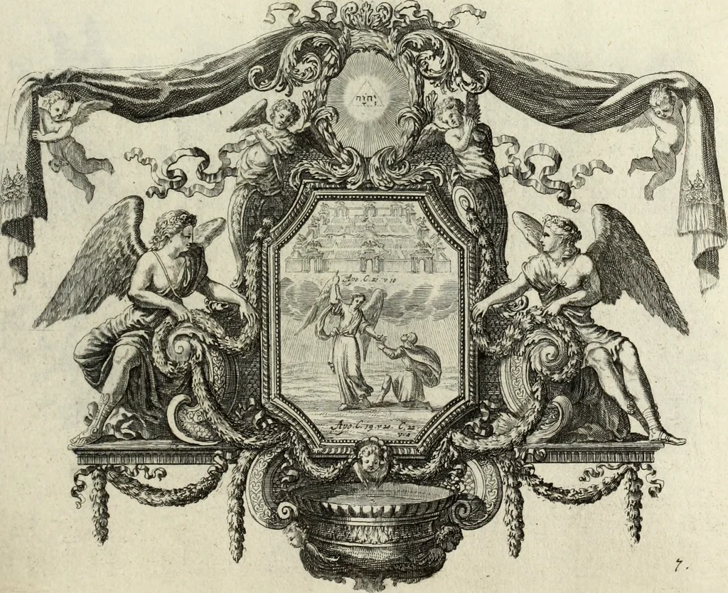 An illustration from Biblisches Engel- u. Kunst Werck : alles das jenige, was in heiliger göttlicher Schrifft Altes und Neuen Testaments von den heiligen Engels Gottes ... zu finden ist ... in zierlichen Kupffern, mit beygefüngten teutschen Erklärungs und Andachs-Reimen vorstellend, 1705, leaf 312