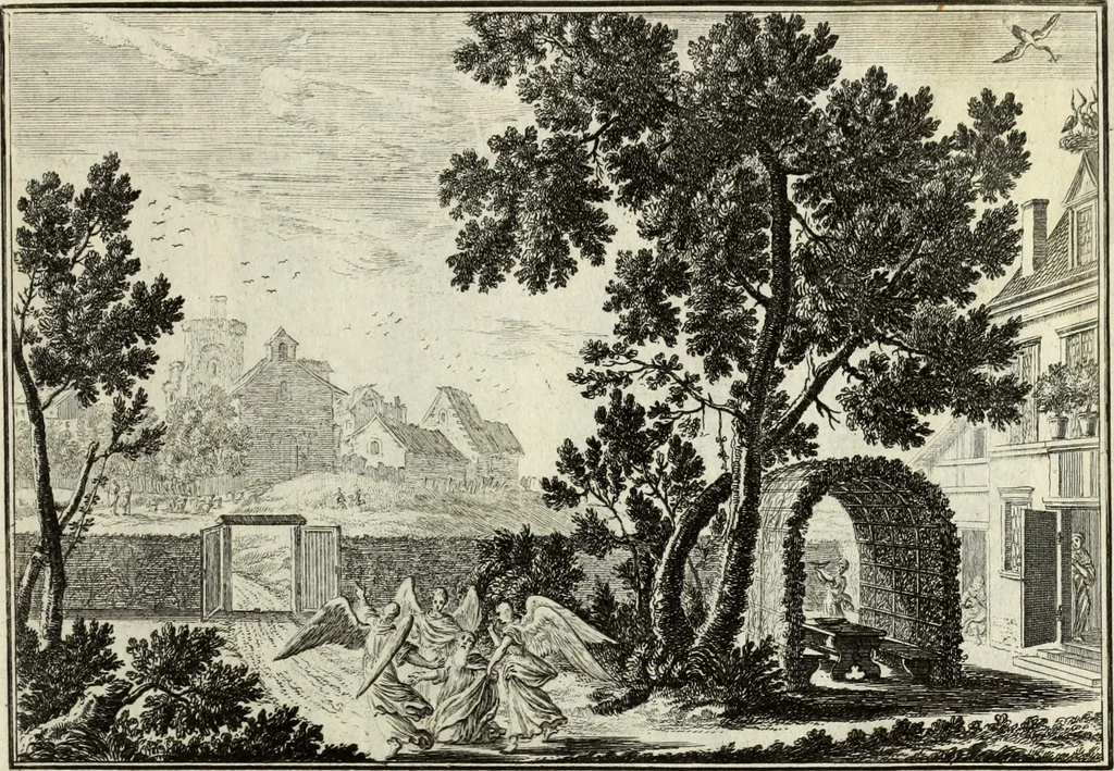 An illustration from Biblisches Engel- u. Kunst Werck : alles das jenige, was in heiliger göttlicher Schrifft Altes und Neuen Testaments von den heiligen Engels Gottes ... zu finden ist ... in zierlichen Kupffern, mit beygefüngten teutschen Erklärungs und Andachs-Reimen vorstellend, 1705, leaf 314