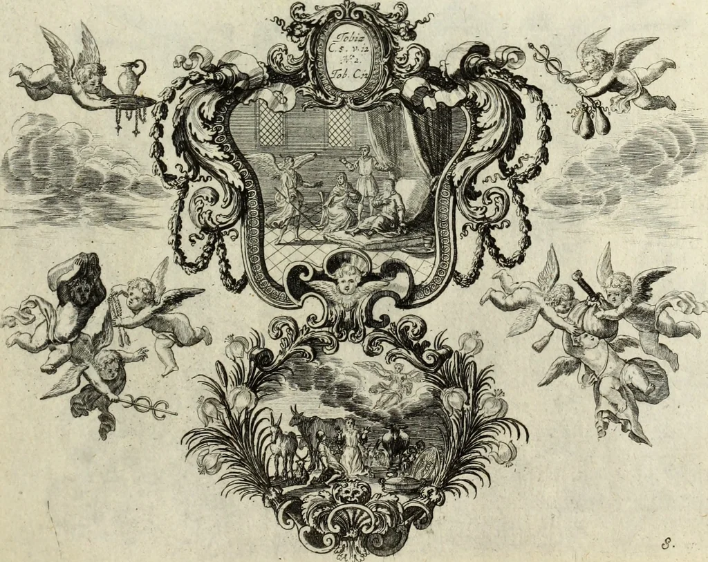 An illustration from Biblisches Engel- u. Kunst Werck : alles das jenige, was in heiliger göttlicher Schrifft Altes und Neuen Testaments von den heiligen Engels Gottes ... zu finden ist ... in zierlichen Kupffern, mit beygefüngten teutschen Erklärungs und Andachs-Reimen vorstellend, 1705, leaf 314