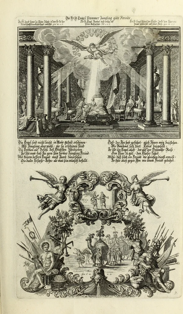 An illustration from Biblisches Engel- u. Kunst Werck : alles das jenige, was in heiliger göttlicher Schrifft Altes und Neuen Testaments von den heiligen Engels Gottes ... zu finden ist ... in zierlichen Kupffern, mit beygefüngten teutschen Erklärungs und Andachs-Reimen vorstellend, 1705, leaf 316