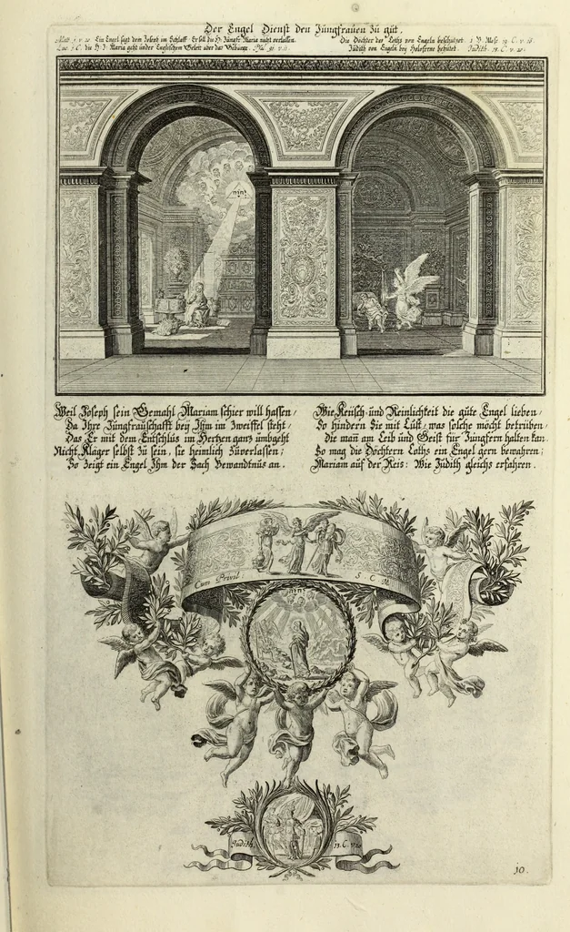 An illustration from Biblisches Engel- u. Kunst Werck : alles das jenige, was in heiliger göttlicher Schrifft Altes und Neuen Testaments von den heiligen Engels Gottes ... zu finden ist ... in zierlichen Kupffern, mit beygefüngten teutschen Erklärungs und Andachs-Reimen vorstellend, 1705, leaf 318