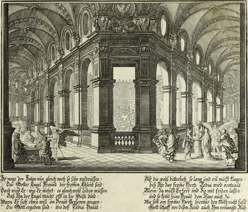 An illustration from Biblisches Engel- u. Kunst Werck : alles das jenige, was in heiliger göttlicher Schrifft Altes und Neuen Testaments von den heiligen Engels Gottes ... zu finden ist ... in zierlichen Kupffern, mit beygefüngten teutschen Erklärungs und Andachs-Reimen vorstellend, 1705, leaf 320
