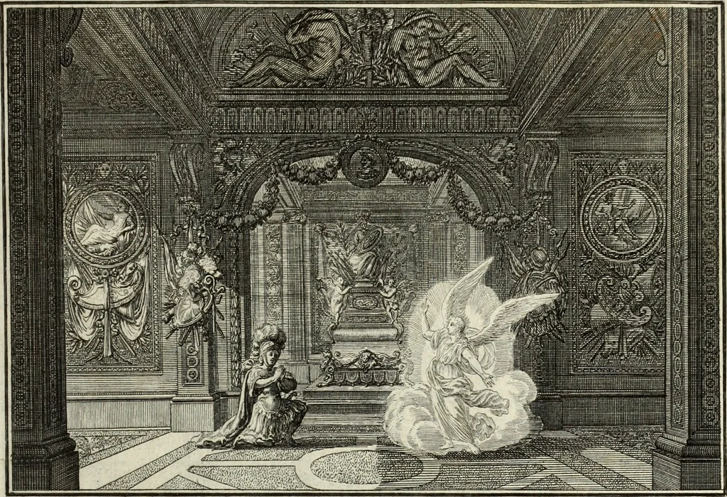 An illustration from Biblisches Engel- u. Kunst Werck : alles das jenige, was in heiliger göttlicher Schrifft Altes und Neuen Testaments von den heiligen Engels Gottes ... zu finden ist ... in zierlichen Kupffern, mit beygefüngten teutschen Erklärungs und Andachs-Reimen vorstellend, 1705, leaf 322