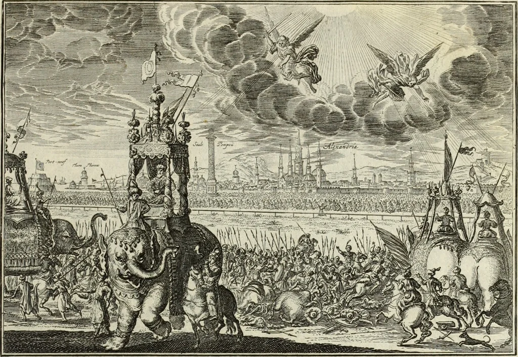 An illustration from Biblisches Engel- u. Kunst Werck : alles das jenige, was in heiliger göttlicher Schrifft Altes und Neuen Testaments von den heiligen Engels Gottes ... zu finden ist ... in zierlichen Kupffern, mit beygefüngten teutschen Erklärungs und Andachs-Reimen vorstellend, 1705, leaf 324