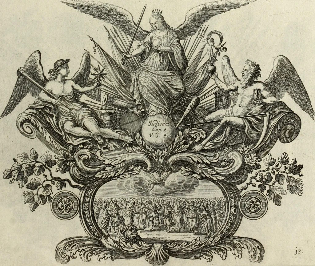 An illustration from Biblisches Engel- u. Kunst Werck : alles das jenige, was in heiliger göttlicher Schrifft Altes und Neuen Testaments von den heiligen Engels Gottes ... zu finden ist ... in zierlichen Kupffern, mit beygefüngten teutschen Erklärungs und Andachs-Reimen vorstellend, 1705, leaf 324