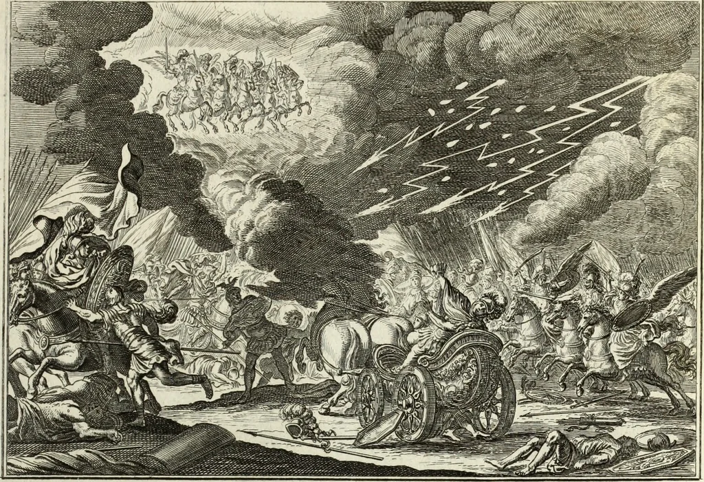 An illustration from Biblisches Engel- u. Kunst Werck : alles das jenige, was in heiliger göttlicher Schrifft Altes und Neuen Testaments von den heiligen Engels Gottes ... zu finden ist ... in zierlichen Kupffern, mit beygefüngten teutschen Erklärungs und Andachs-Reimen vorstellend, 1705, leaf 326