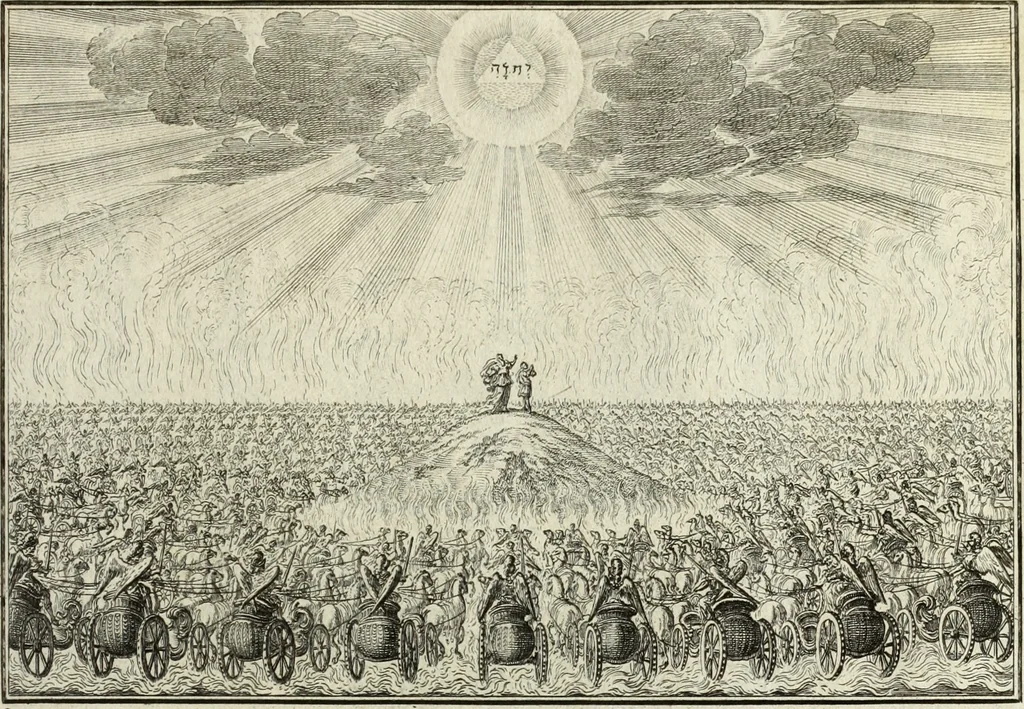 An illustration from Biblisches Engel- u. Kunst Werck : alles das jenige, was in heiliger göttlicher Schrifft Altes und Neuen Testaments von den heiligen Engels Gottes ... zu finden ist ... in zierlichen Kupffern, mit beygefüngten teutschen Erklärungs und Andachs-Reimen vorstellend, 1705, leaf 328