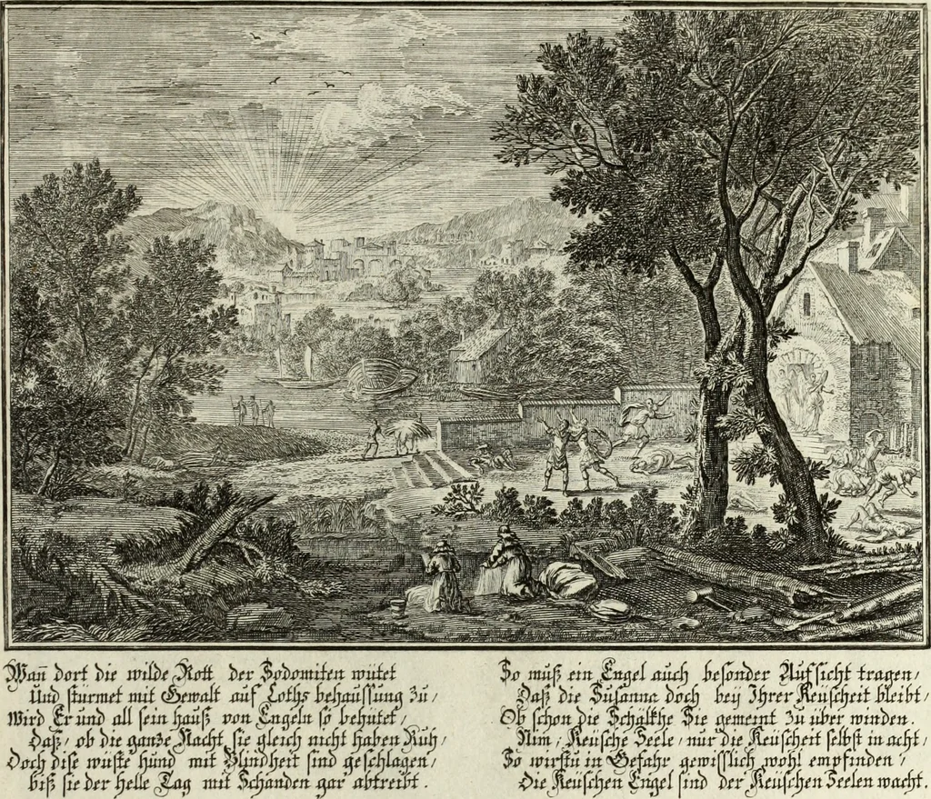 An illustration from Biblisches Engel- u. Kunst Werck : alles das jenige, was in heiliger göttlicher Schrifft Altes und Neuen Testaments von den heiligen Engels Gottes ... zu finden ist ... in zierlichen Kupffern, mit beygefüngten teutschen Erklärungs und Andachs-Reimen vorstellend, 1705, leaf 330