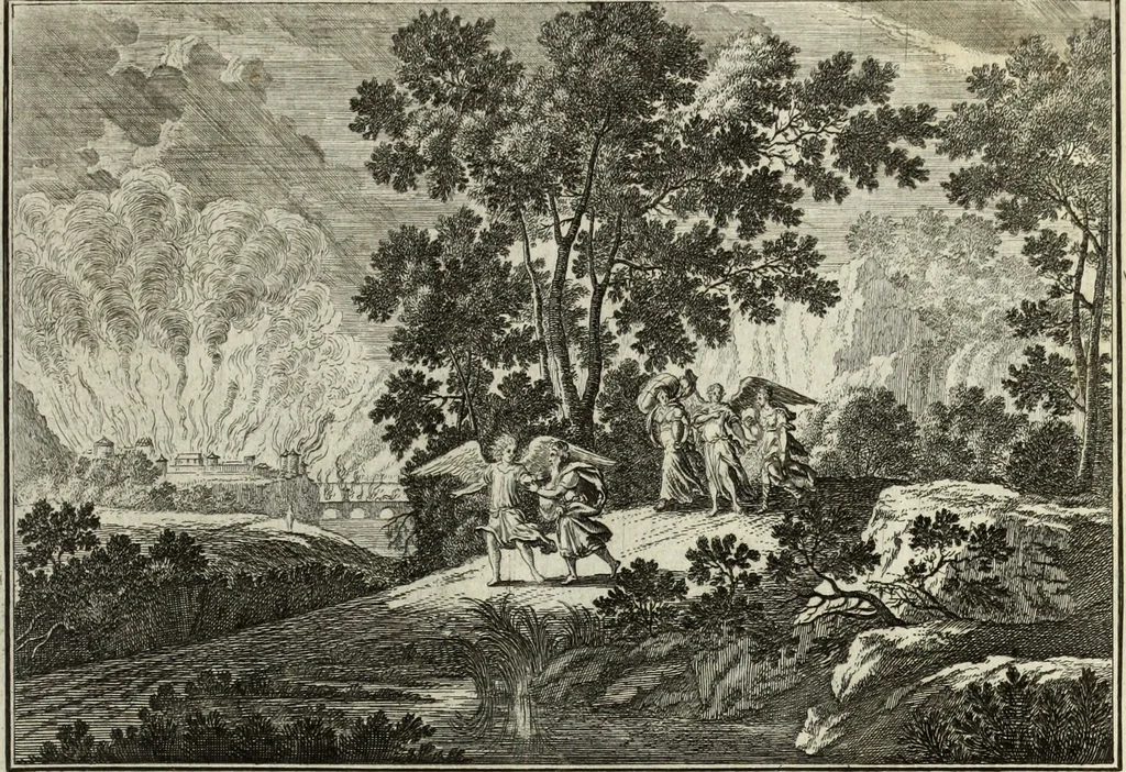 An illustration from Biblisches Engel- u. Kunst Werck : alles das jenige, was in heiliger göttlicher Schrifft Altes und Neuen Testaments von den heiligen Engels Gottes ... zu finden ist ... in zierlichen Kupffern, mit beygefüngten teutschen Erklärungs und Andachs-Reimen vorstellend, 1705, leaf 332