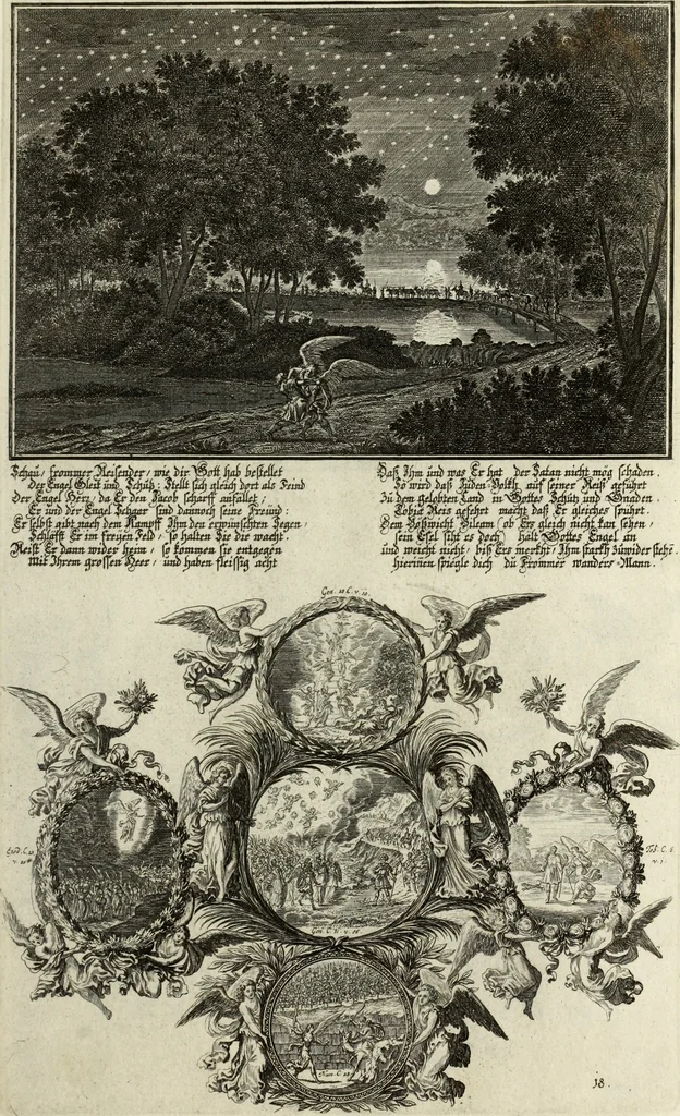 An illustration from Biblisches Engel- u. Kunst Werck : alles das jenige, was in heiliger göttlicher Schrifft Altes und Neuen Testaments von den heiligen Engels Gottes ... zu finden ist ... in zierlichen Kupffern, mit beygefüngten teutschen Erklärungs und Andachs-Reimen vorstellend, 1705, leaf 334