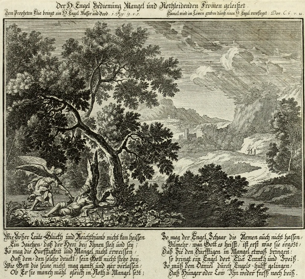 An illustration from Biblisches Engel- u. Kunst Werck : alles das jenige, was in heiliger göttlicher Schrifft Altes und Neuen Testaments von den heiligen Engels Gottes ... zu finden ist ... in zierlichen Kupffern, mit beygefüngten teutschen Erklärungs und Andachs-Reimen vorstellend, 1705, leaf 338
