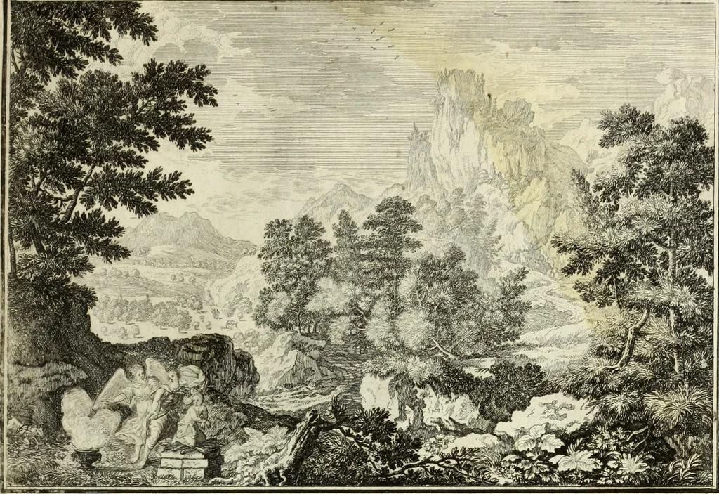 An illustration from Biblisches Engel- u. Kunst Werck : alles das jenige, was in heiliger göttlicher Schrifft Altes und Neuen Testaments von den heiligen Engels Gottes ... zu finden ist ... in zierlichen Kupffern, mit beygefüngten teutschen Erklärungs und Andachs-Reimen vorstellend, 1705, leaf 34