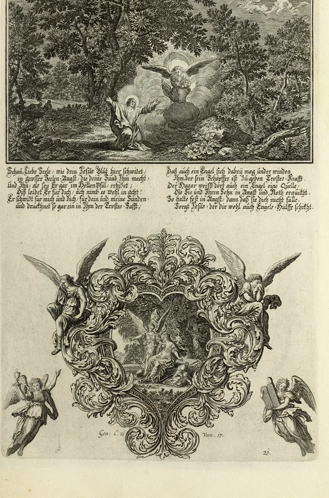 An illustration from Biblisches Engel- u. Kunst Werck : alles das jenige, was in heiliger göttlicher Schrifft Altes und Neuen Testaments von den heiligen Engels Gottes ... zu finden ist ... in zierlichen Kupffern, mit beygefüngten teutschen Erklärungs und Andachs-Reimen vorstellend, 1705, leaf 340