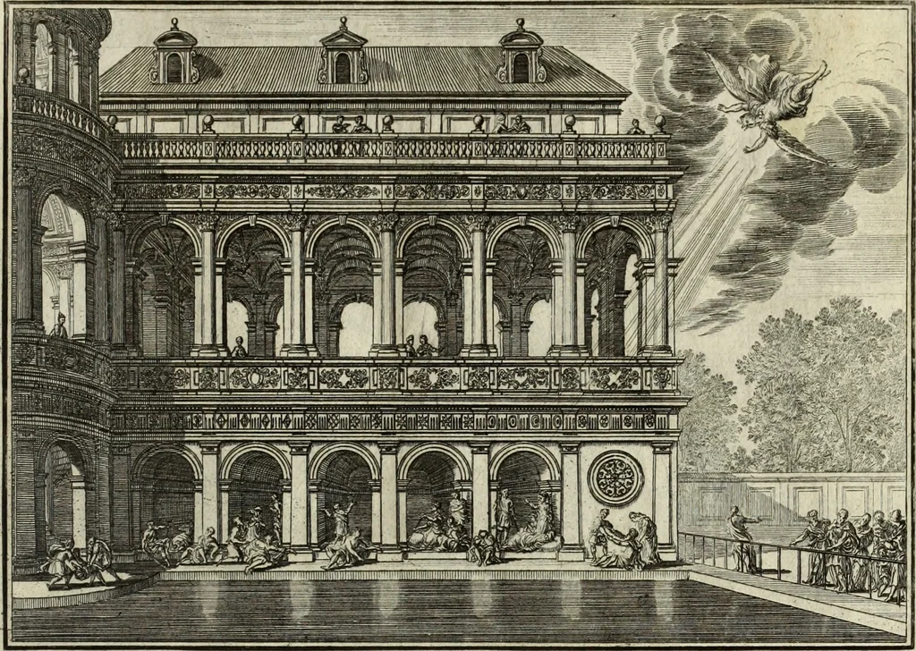 An illustration from Biblisches Engel- u. Kunst Werck : alles das jenige, was in heiliger göttlicher Schrifft Altes und Neuen Testaments von den heiligen Engels Gottes ... zu finden ist ... in zierlichen Kupffern, mit beygefüngten teutschen Erklärungs und Andachs-Reimen vorstellend, 1705, leaf 344