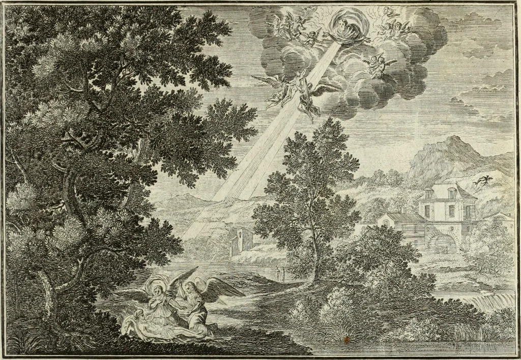 An illustration from Biblisches Engel- u. Kunst Werck : alles das jenige, was in heiliger göttlicher Schrifft Altes und Neuen Testaments von den heiligen Engels Gottes ... zu finden ist ... in zierlichen Kupffern, mit beygefüngten teutschen Erklärungs und Andachs-Reimen vorstellend, 1705, leaf 346