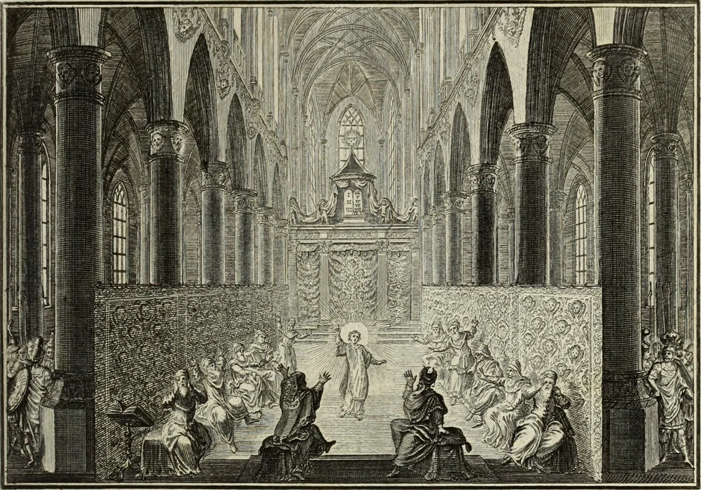 An illustration from Biblisches Engel- u. Kunst Werck : alles das jenige, was in heiliger göttlicher Schrifft Altes und Neuen Testaments von den heiligen Engels Gottes ... zu finden ist ... in zierlichen Kupffern, mit beygefüngten teutschen Erklärungs und Andachs-Reimen vorstellend, 1705, leaf 352