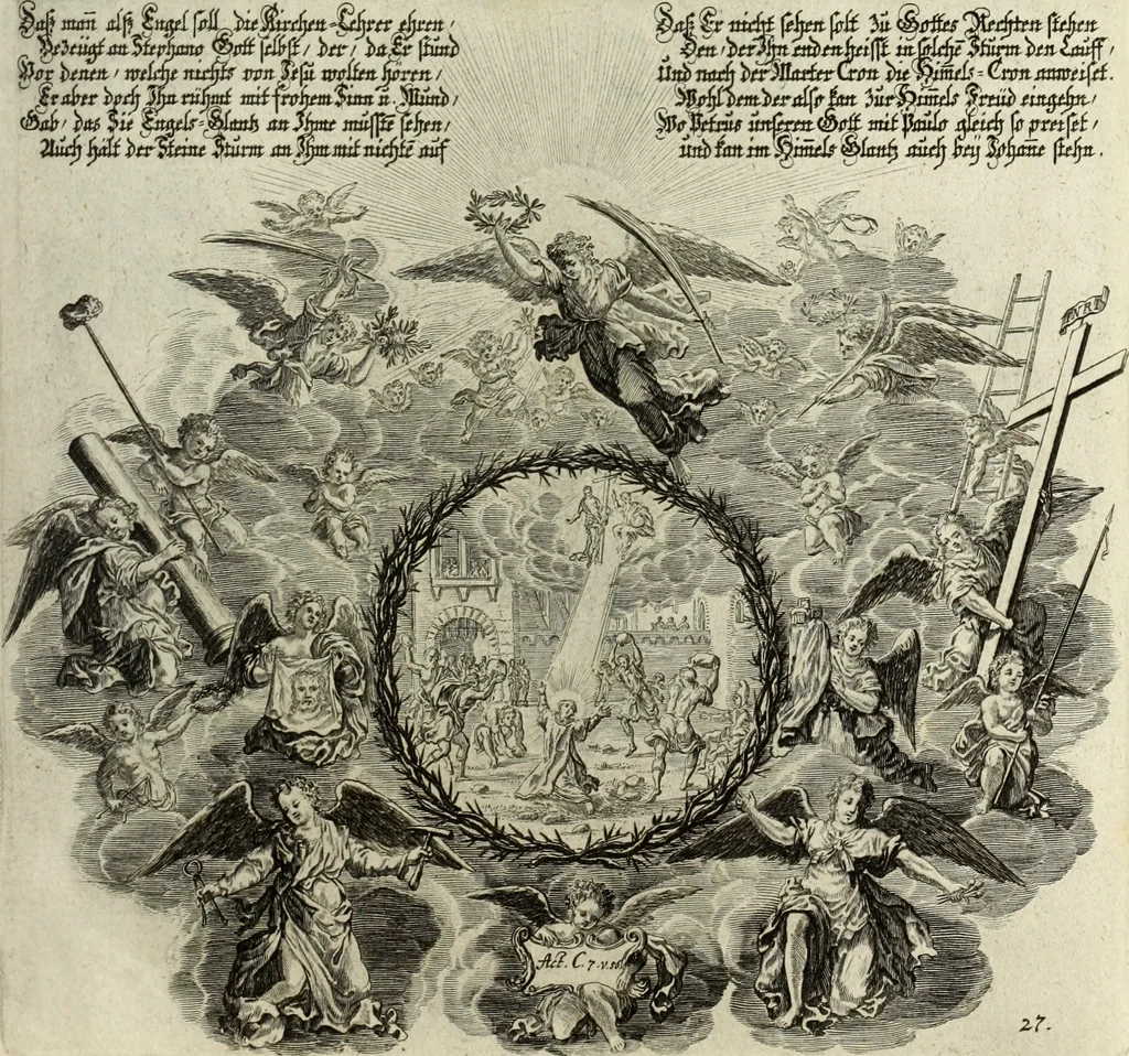 An illustration from Biblisches Engel- u. Kunst Werck : alles das jenige, was in heiliger göttlicher Schrifft Altes und Neuen Testaments von den heiligen Engels Gottes ... zu finden ist ... in zierlichen Kupffern, mit beygefüngten teutschen Erklärungs und Andachs-Reimen vorstellend, 1705, leaf 352