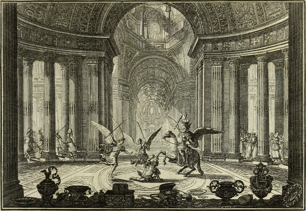 An illustration from Biblisches Engel- u. Kunst Werck : alles das jenige, was in heiliger göttlicher Schrifft Altes und Neuen Testaments von den heiligen Engels Gottes ... zu finden ist ... in zierlichen Kupffern, mit beygefüngten teutschen Erklärungs und Andachs-Reimen vorstellend, 1705, leaf 354