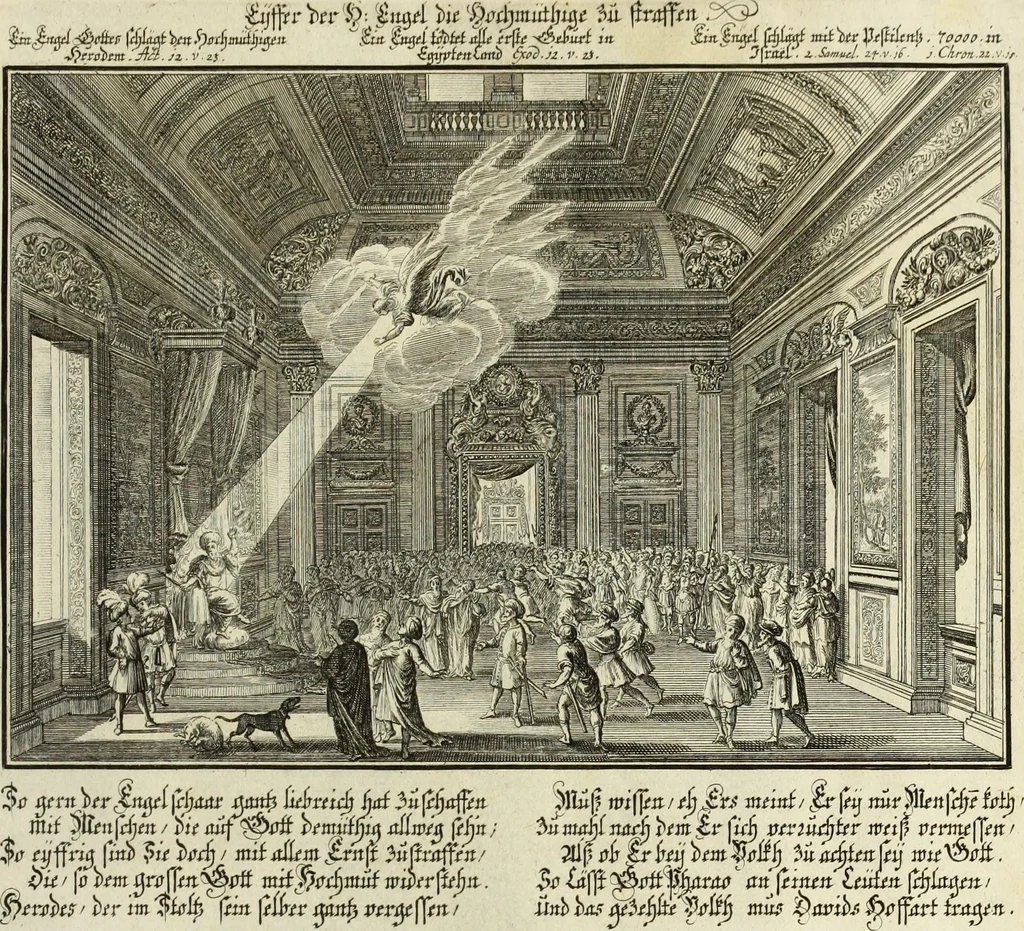 An illustration from Biblisches Engel- u. Kunst Werck : alles das jenige, was in heiliger göttlicher Schrifft Altes und Neuen Testaments von den heiligen Engels Gottes ... zu finden ist ... in zierlichen Kupffern, mit beygefüngten teutschen Erklärungs und Andachs-Reimen vorstellend, 1705, leaf 356