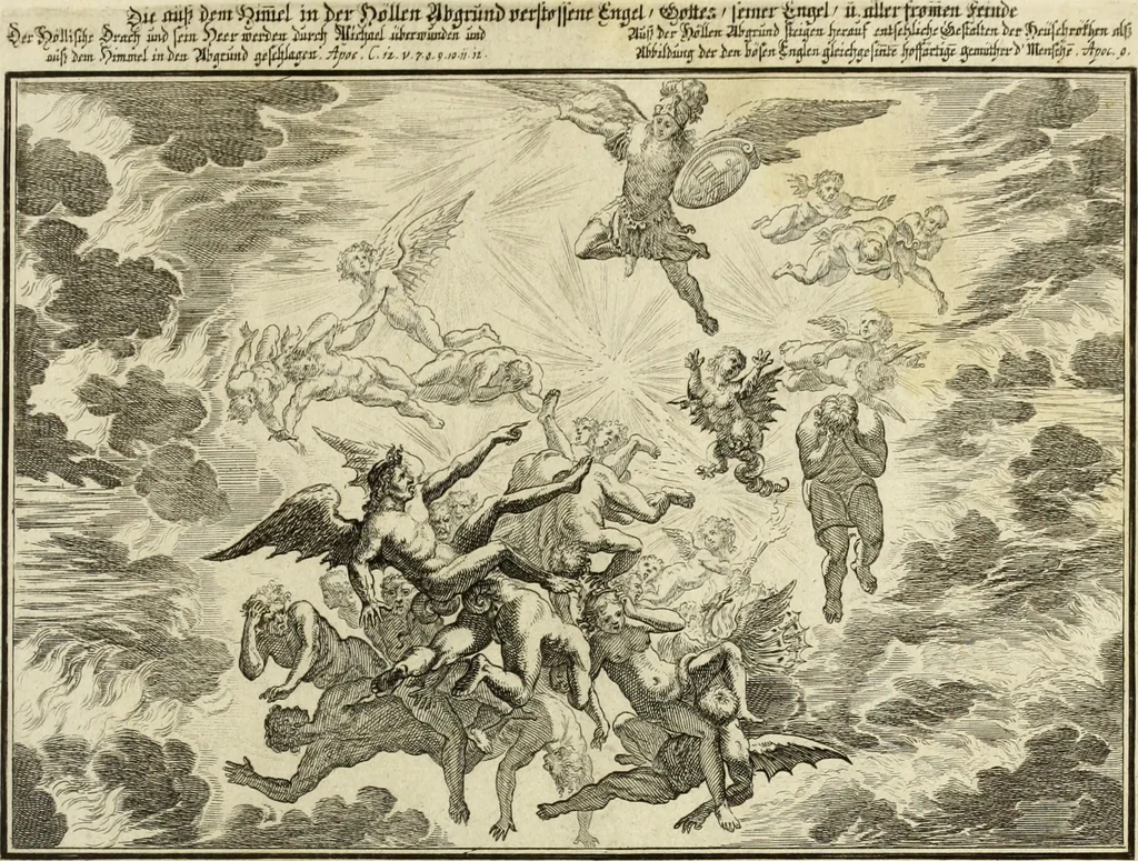 An illustration from Biblisches Engel- u. Kunst Werck : alles das jenige, was in heiliger göttlicher Schrifft Altes und Neuen Testaments von den heiligen Engels Gottes ... zu finden ist ... in zierlichen Kupffern, mit beygefüngten teutschen Erklärungs und Andachs-Reimen vorstellend, 1705, leaf 358