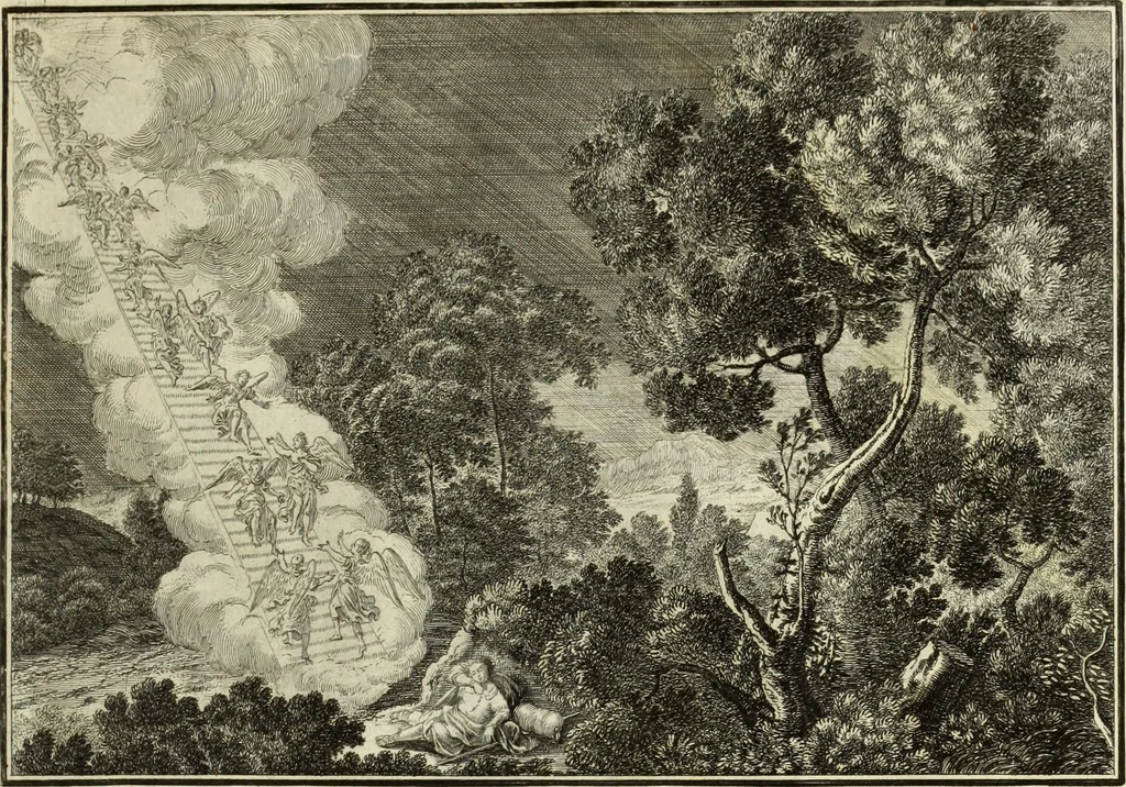 An illustration from Biblisches Engel- u. Kunst Werck : alles das jenige, was in heiliger göttlicher Schrifft Altes und Neuen Testaments von den heiligen Engels Gottes ... zu finden ist ... in zierlichen Kupffern, mit beygefüngten teutschen Erklärungs und Andachs-Reimen vorstellend, 1705, leaf 40
