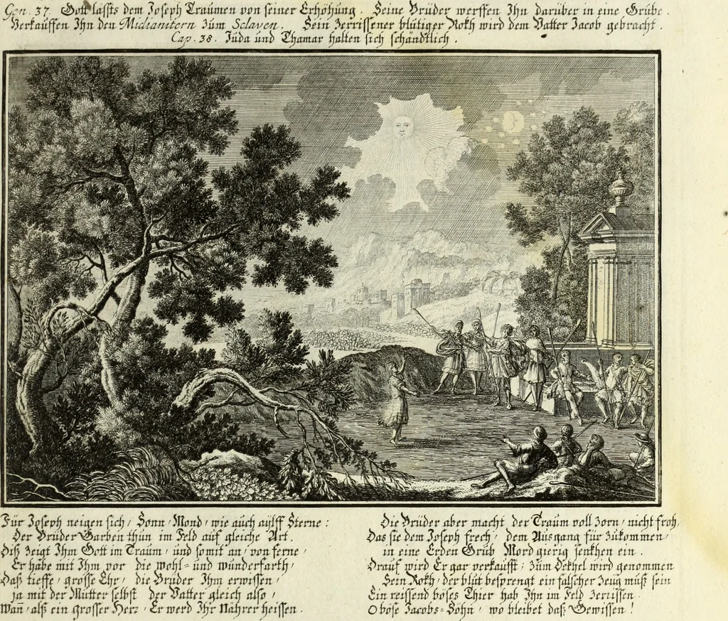 An illustration from Biblisches Engel- u. Kunst Werck : alles das jenige, was in heiliger göttlicher Schrifft Altes und Neuen Testaments von den heiligen Engels Gottes ... zu finden ist ... in zierlichen Kupffern, mit beygefüngten teutschen Erklärungs und Andachs-Reimen vorstellend, 1705, leaf 42