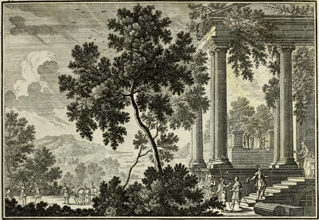 An illustration from Biblisches Engel- u. Kunst Werck : alles das jenige, was in heiliger göttlicher Schrifft Altes und Neuen Testaments von den heiligen Engels Gottes ... zu finden ist ... in zierlichen Kupffern, mit beygefüngten teutschen Erklärungs und Andachs-Reimen vorstellend, 1705, leaf 48
