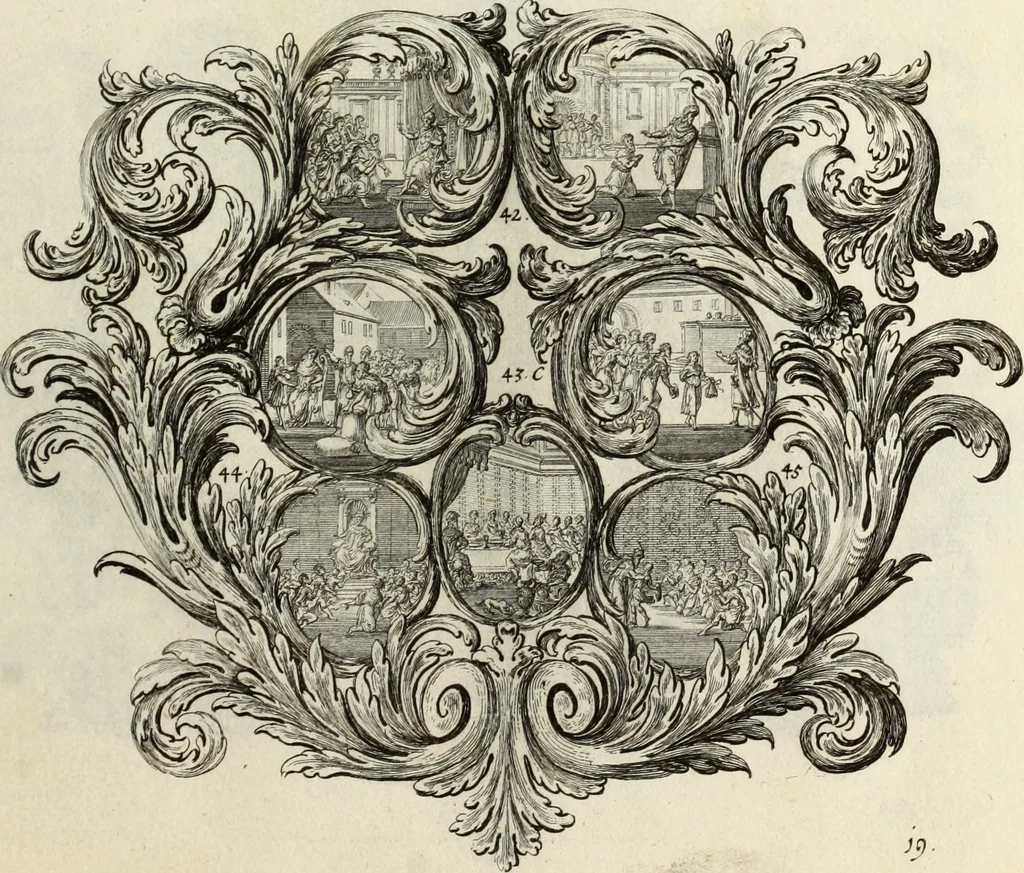 An illustration from Biblisches Engel- u. Kunst Werck : alles das jenige, was in heiliger göttlicher Schrifft Altes und Neuen Testaments von den heiligen Engels Gottes ... zu finden ist ... in zierlichen Kupffern, mit beygefüngten teutschen Erklärungs und Andachs-Reimen vorstellend, 1705, leaf 48