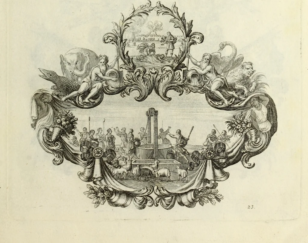 An illustration from Biblisches Engel- u. Kunst Werck : alles das jenige, was in heiliger göttlicher Schrifft Altes und Neuen Testaments von den heiligen Engels Gottes ... zu finden ist ... in zierlichen Kupffern, mit beygefüngten teutschen Erklärungs und Andachs-Reimen vorstellend, 1705, leaf 60