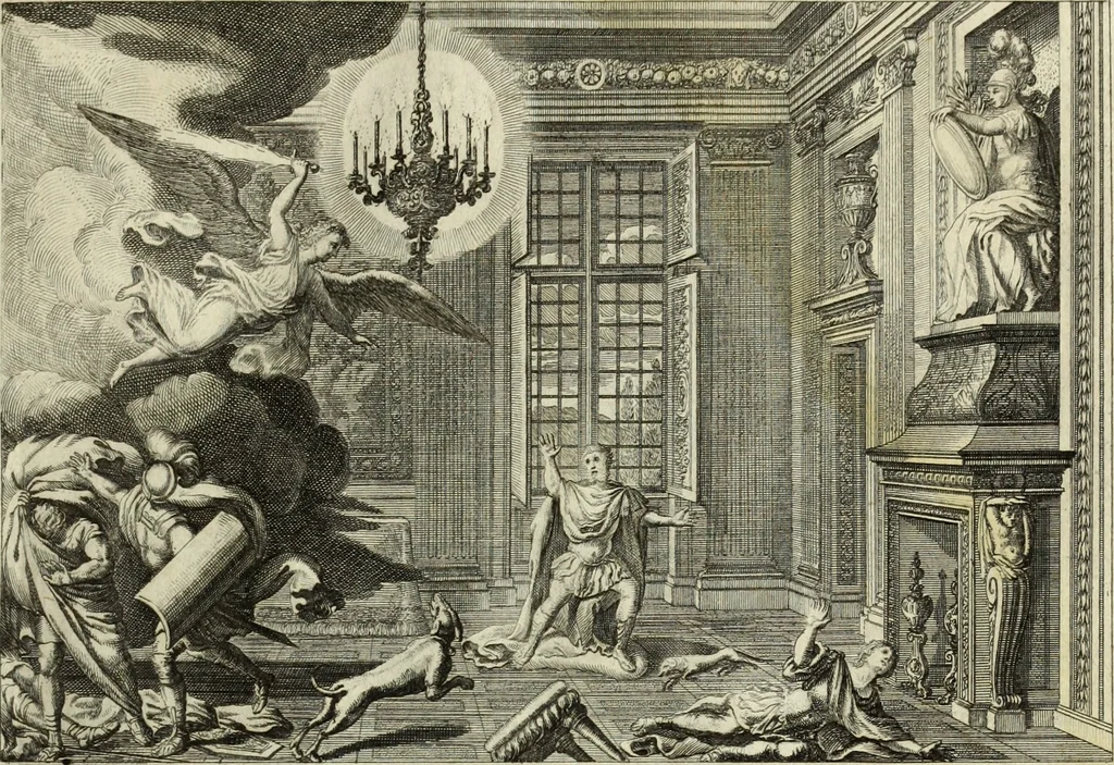 An illustration from Biblisches Engel- u. Kunst Werck : alles das jenige, was in heiliger göttlicher Schrifft Altes und Neuen Testaments von den heiligen Engels Gottes ... zu finden ist ... in zierlichen Kupffern, mit beygefüngten teutschen Erklärungs und Andachs-Reimen vorstellend, 1705, leaf 68