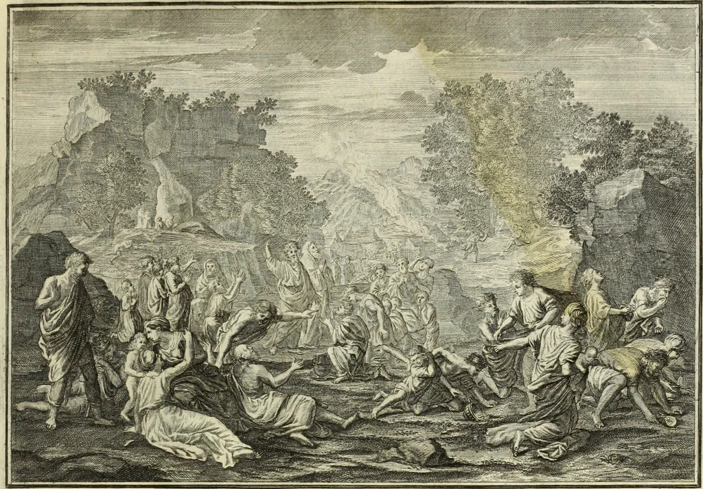 An illustration from Biblisches Engel- u. Kunst Werck : alles das jenige, was in heiliger göttlicher Schrifft Altes und Neuen Testaments von den heiligen Engels Gottes ... zu finden ist ... in zierlichen Kupffern, mit beygefüngten teutschen Erklärungs und Andachs-Reimen vorstellend, 1705, leaf 72