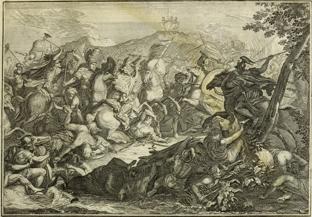An illustration from Biblisches Engel- u. Kunst Werck : alles das jenige, was in heiliger göttlicher Schrifft Altes und Neuen Testaments von den heiligen Engels Gottes ... zu finden ist ... in zierlichen Kupffern, mit beygefüngten teutschen Erklärungs und Andachs-Reimen vorstellend, 1705, leaf 74