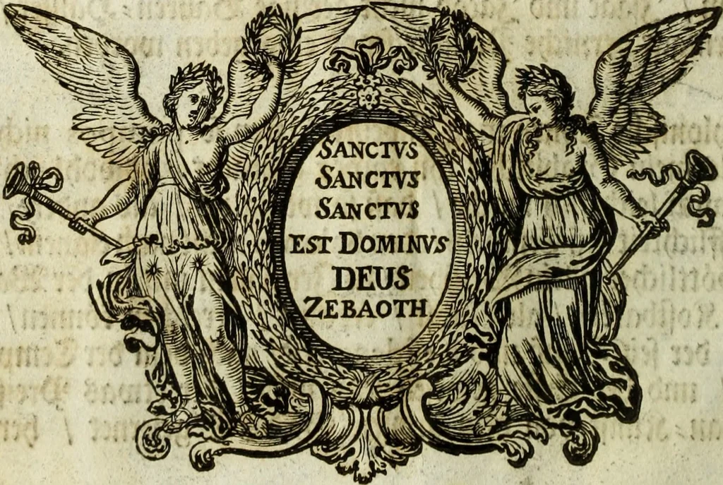 An illustration from Biblisches Engel- u. Kunst Werck : alles das jenige, was in heiliger göttlicher Schrifft Altes und Neuen Testaments von den heiligen Engels Gottes ... zu finden ist ... in zierlichen Kupffern, mit beygefüngten teutschen Erklärungs und Andachs-Reimen vorstellend, 1705, leaf 9