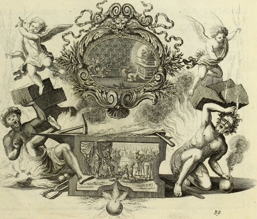 An illustration from Biblisches Engel- u. Kunst Werck : alles das jenige, was in heiliger göttlicher Schrifft Altes und Neuen Testaments von den heiligen Engels Gottes ... zu finden ist ... in zierlichen Kupffern, mit beygefüngten teutschen Erklärungs und Andachs-Reimen vorstellend, 1705, leaf 92
