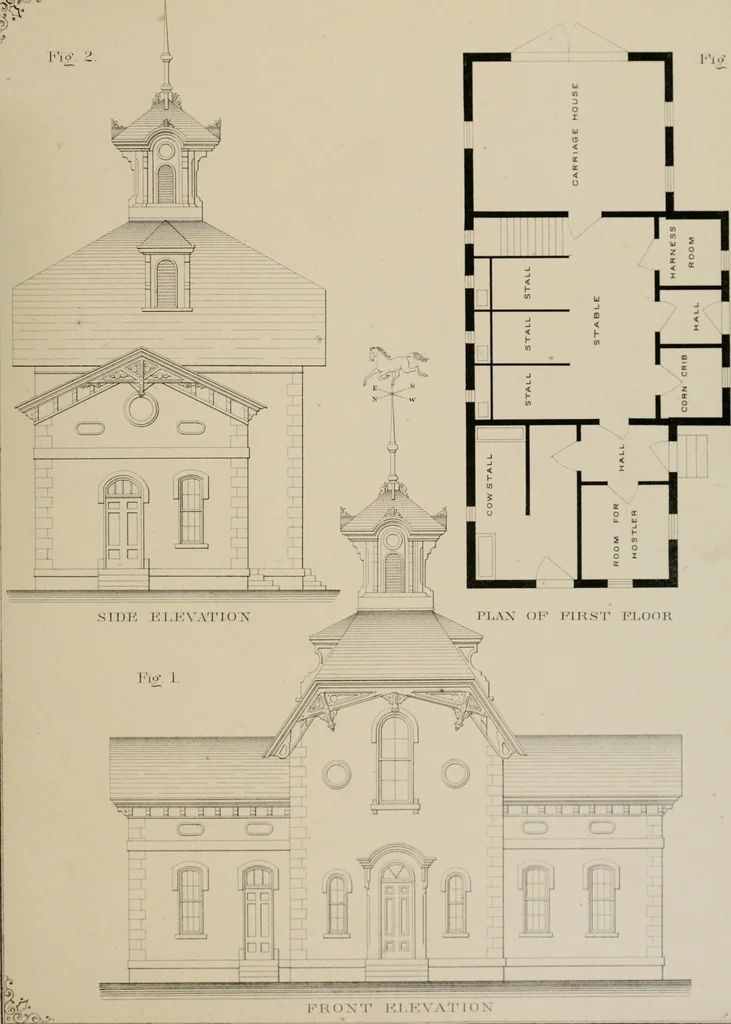 An illustration from Bicknell's village builder. Elevations and plans for cottages, villas, suburban residences, farm houses [etc.] also exterior and interior details for public and private buildings, with approved forms of contracts and specifications. Containing fifty-five plates drawn to scale, 1872, leaf 100